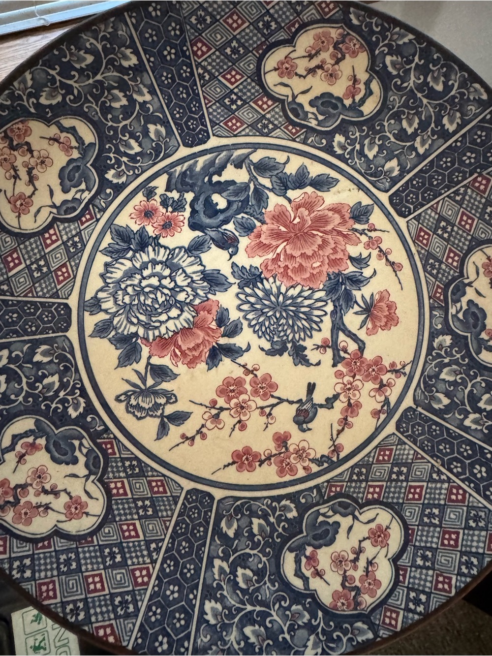 Vintage Japanese Imari Blue Pink & White Chrysanthemums Charger Fine Porcelain
